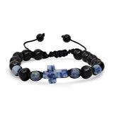 Blue Stone And Black Beads Drawstring Beaded Bracelet