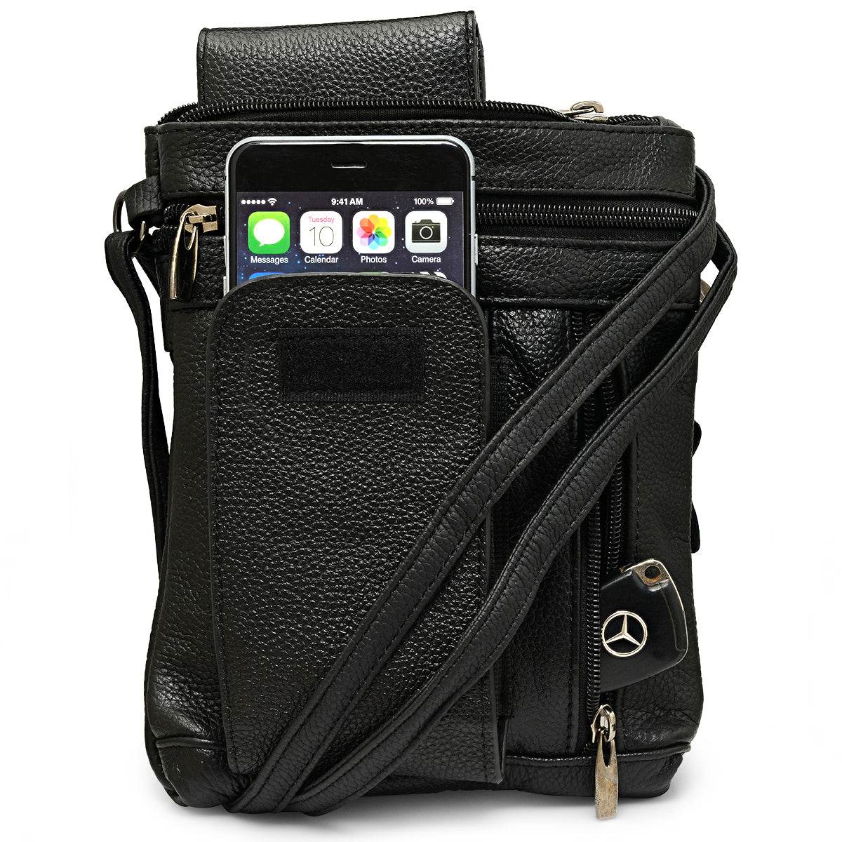 Unisex Super Soft Leather Crossbody Bag with 5 Compartments a Phone Pocket and Carrying Strap - Steel Time