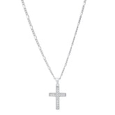 Unisex Sterling Silver Figaro Chain Necklace And Simulated Diamonds Cross Pendant