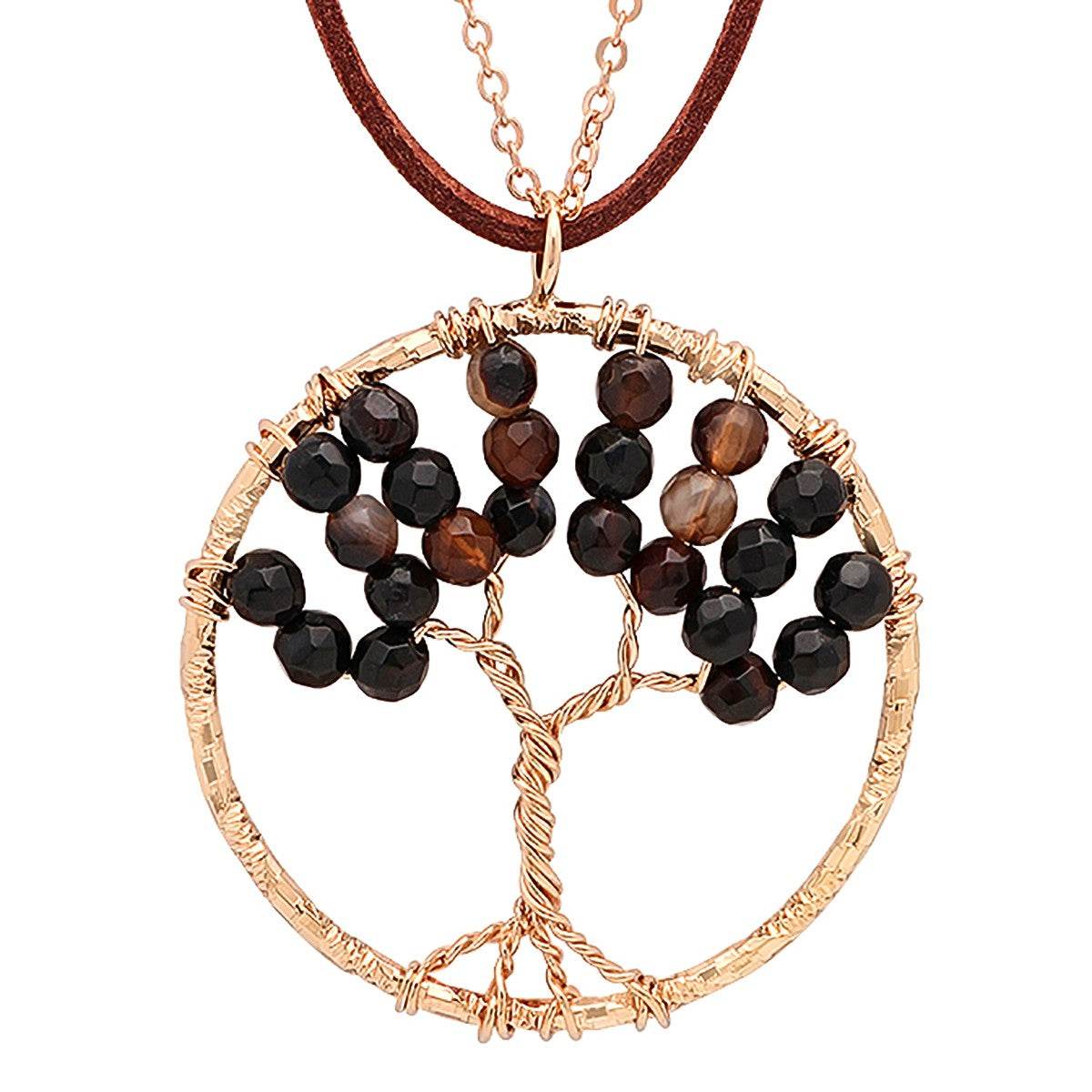 SteelTime Women's Brass Black Agate Tree Of Life Necklace With Brown Velvet - Steel Time