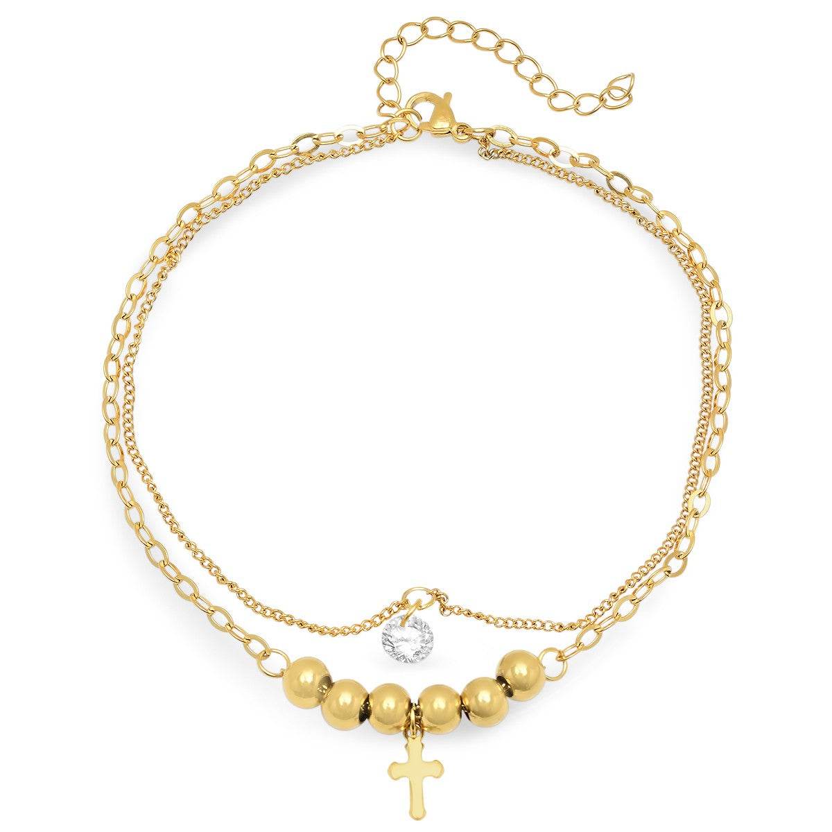 SteelTime Women's Stainless Steel Simulated Diamond Beaded Anklet With Cross - Steel Time