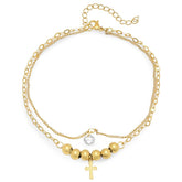 SteelTime Women's Stainless Steel Simulated Diamond Beaded Anklet With Cross - Steel Time