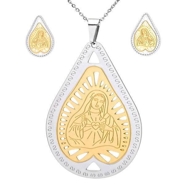 SteelTime Women's Stainless Steel Tear Drop Religious Earring Pendant Set With 18Kt Gold Plated Accents - Steel Time