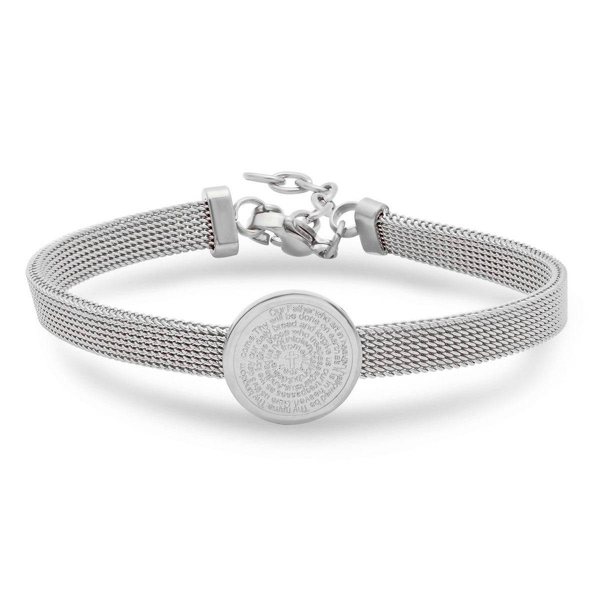 Solitaire Charm Our Father Prayer Mesh Bracelet - Steel Time