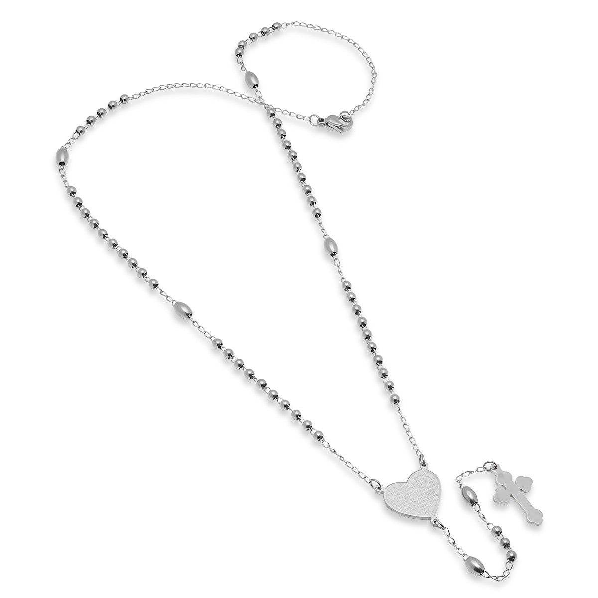 Our Father Prayer Heart Rosary Necklace - Steel Time