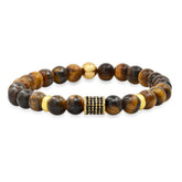 Pave Barrel Bead Tiger Eye Stretch Bracelet - Steel Time
