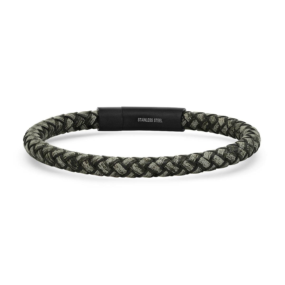 Gray Speckled Leather Braided Bracelet - Steel Time