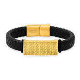 Greek Key Woven Leather ID Bracelet - Steel Time