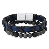 Criss Cross Leather + Lava Bracelet Stack - Steel Time