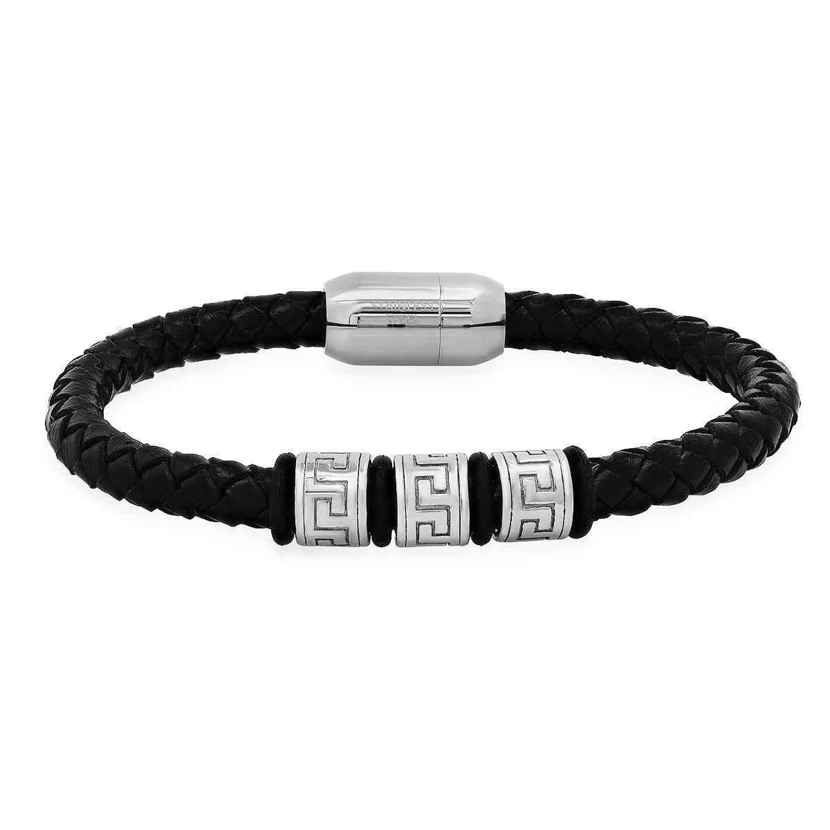 Luxe Braided Leather Triple Greek Key Bracelet - Steel Time