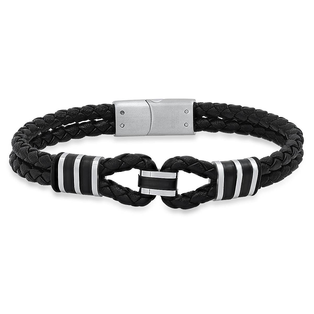 Double Loop Leather Braided Bracelet - Steel Time