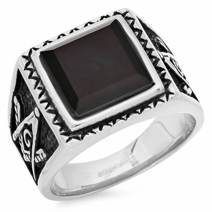 Free Mason Statement Ring with Simulated Black Diamond - Steel Time