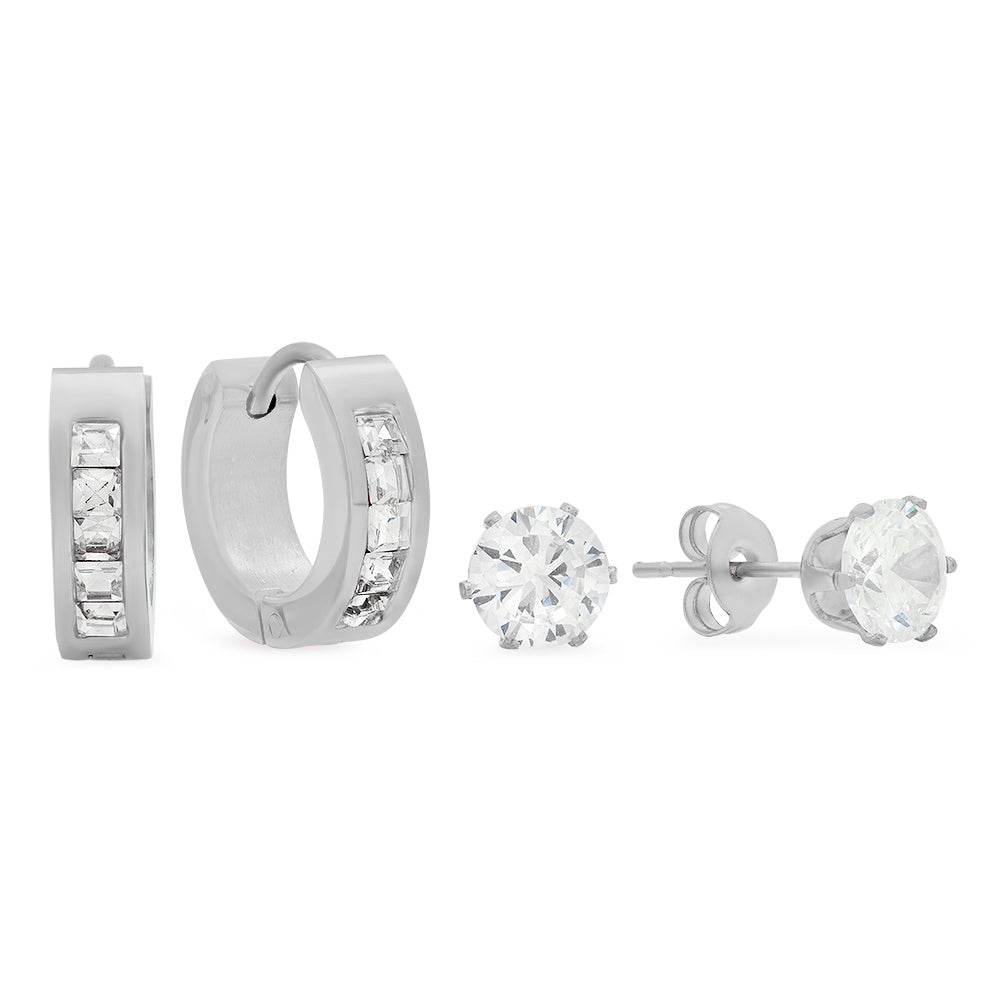 Classic Huggie + CZ Stud Set - Steel Time