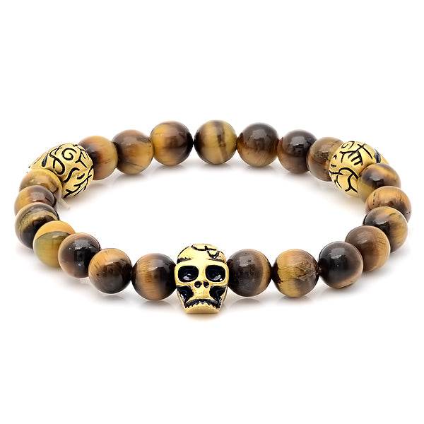 Tiger Eye + Antiqued Skull Stretch Bracelet - Steel Time