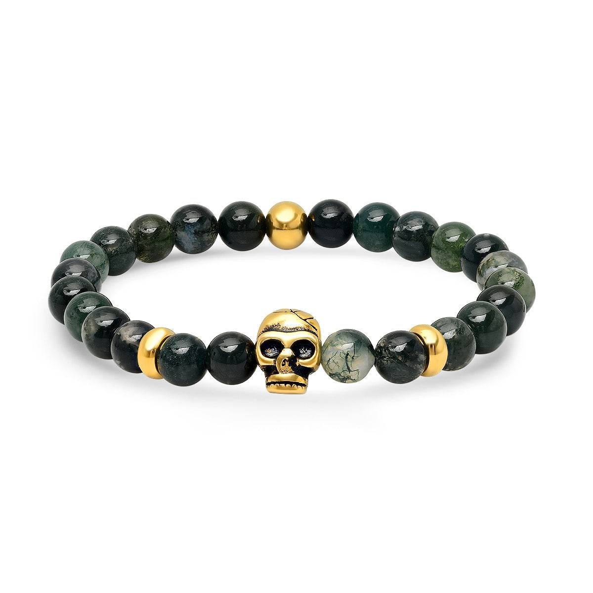 Moss Agate & Skull Stretch Bracelet - Steel Time