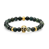 Moss Agate & Skull Stretch Bracelet - Steel Time