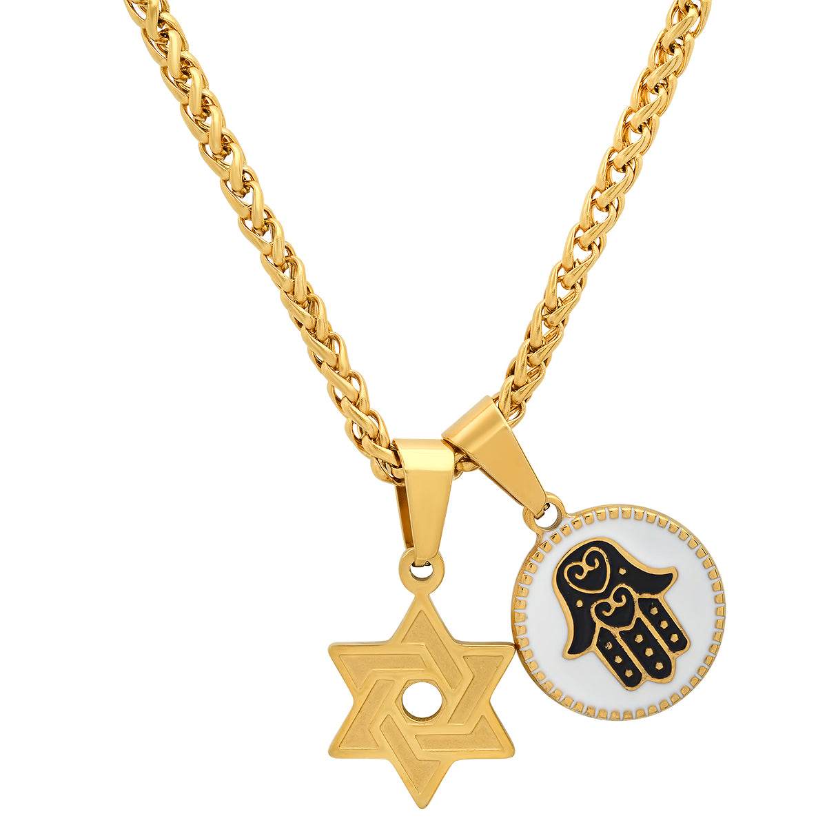 Star of David + Hamsa Double Pendant Necklace - Steel Time