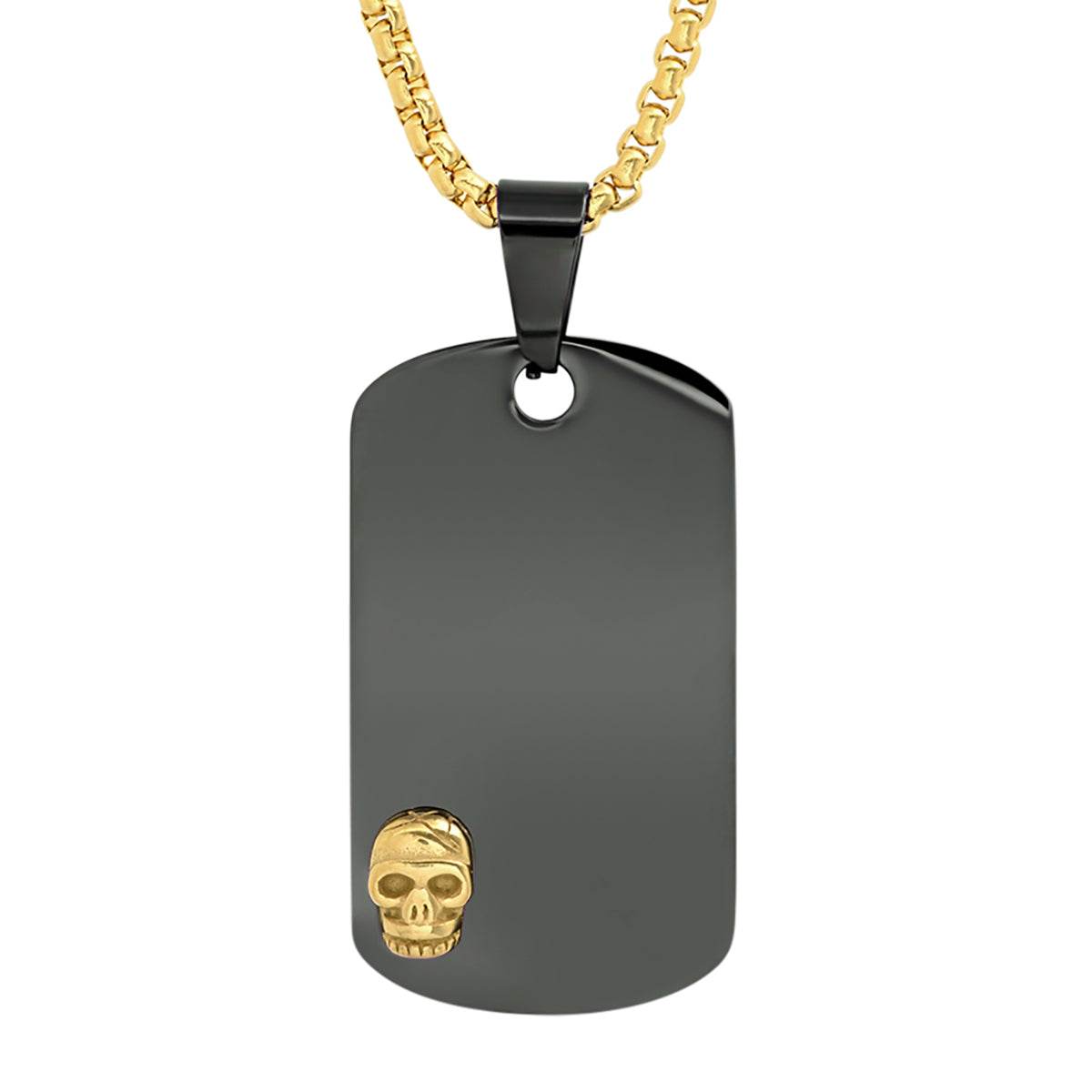 Hematite & Mini Gold Skull Dog Tag - Steel Time