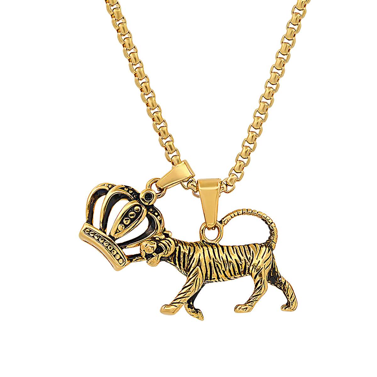 Tiger + Crown Double Pendant Necklace - Steel Time