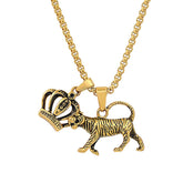Tiger + Crown Double Pendant Necklace - Steel Time