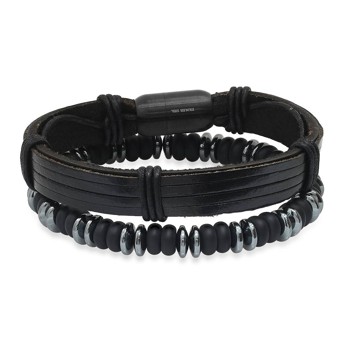 Leather, Hematite, + Lava Beaded Bracelet Stack - Steel Time