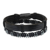 Leather, Hematite, + Lava Beaded Bracelet Stack - Steel Time