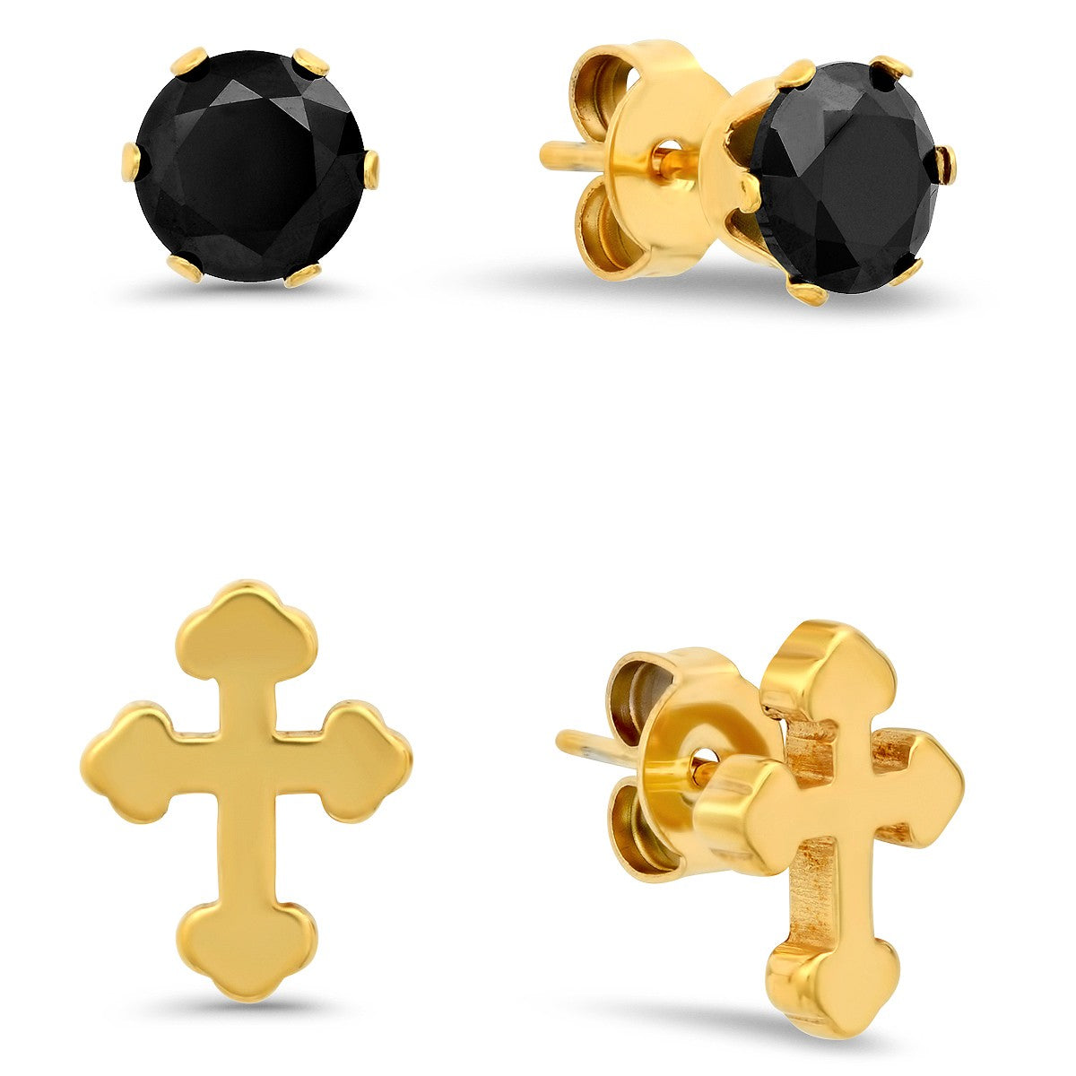 title:SteelTime Women's Stainless Steel Black Simulated Diamond Studs With Coss Studs Set;color:Gold
