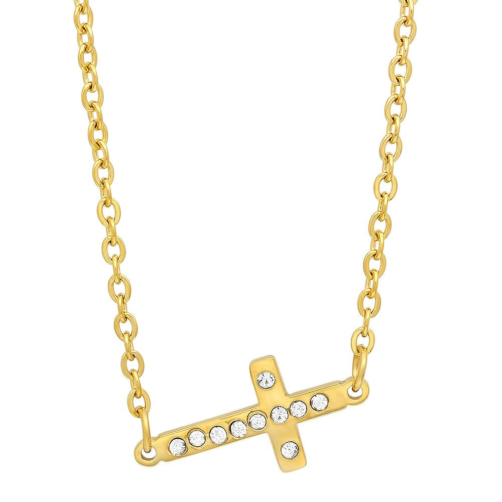 title:SteelTime Women's Stainless Steel Necklace With Cross And Simulated Diamonds;color:Gold
