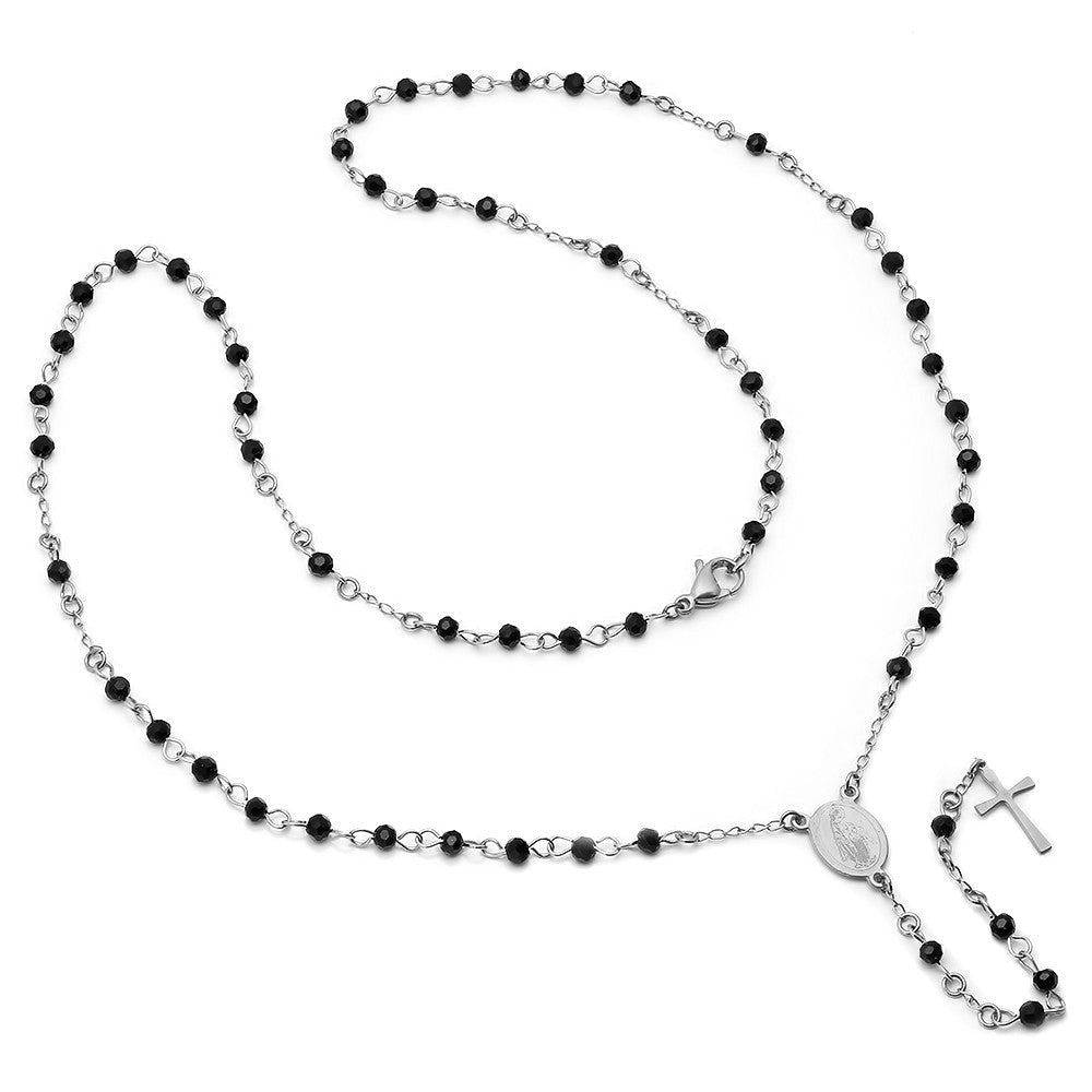 title:SteelTime Women's Stainless Steel Simulated Black Onyx Beaded Rosary Necklace;color:Silver
