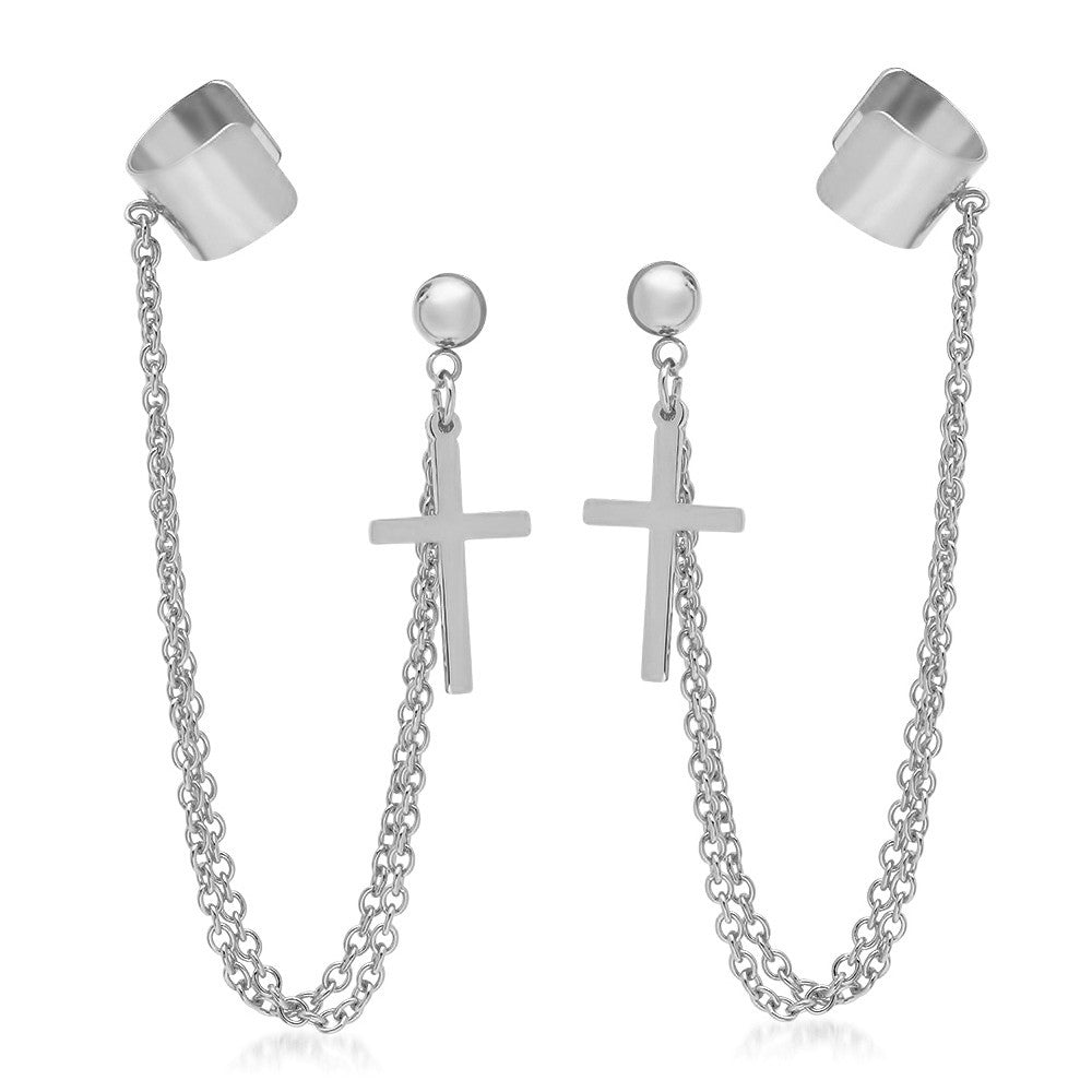 title:SteelTime Women's Stainless Steel Cross Ear Cuff Earrings With Chain;color:Silver