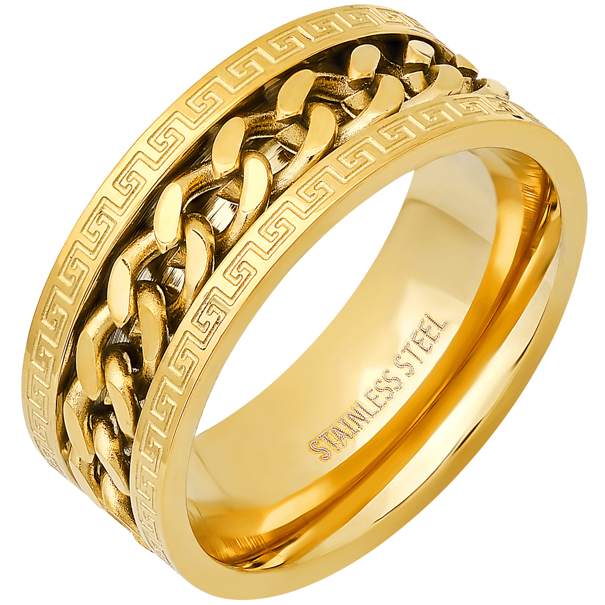 Stainless Steel Wood Inlay Ring - Gold Wedding Band & Engagement Ring, Sizes 6-12