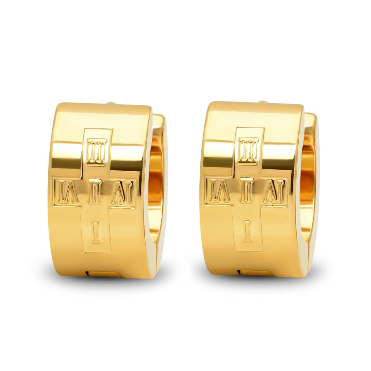title:SteelTime Women's Stainless Steel Huggie Earrings With Roman Numeral Accents;color:Gold