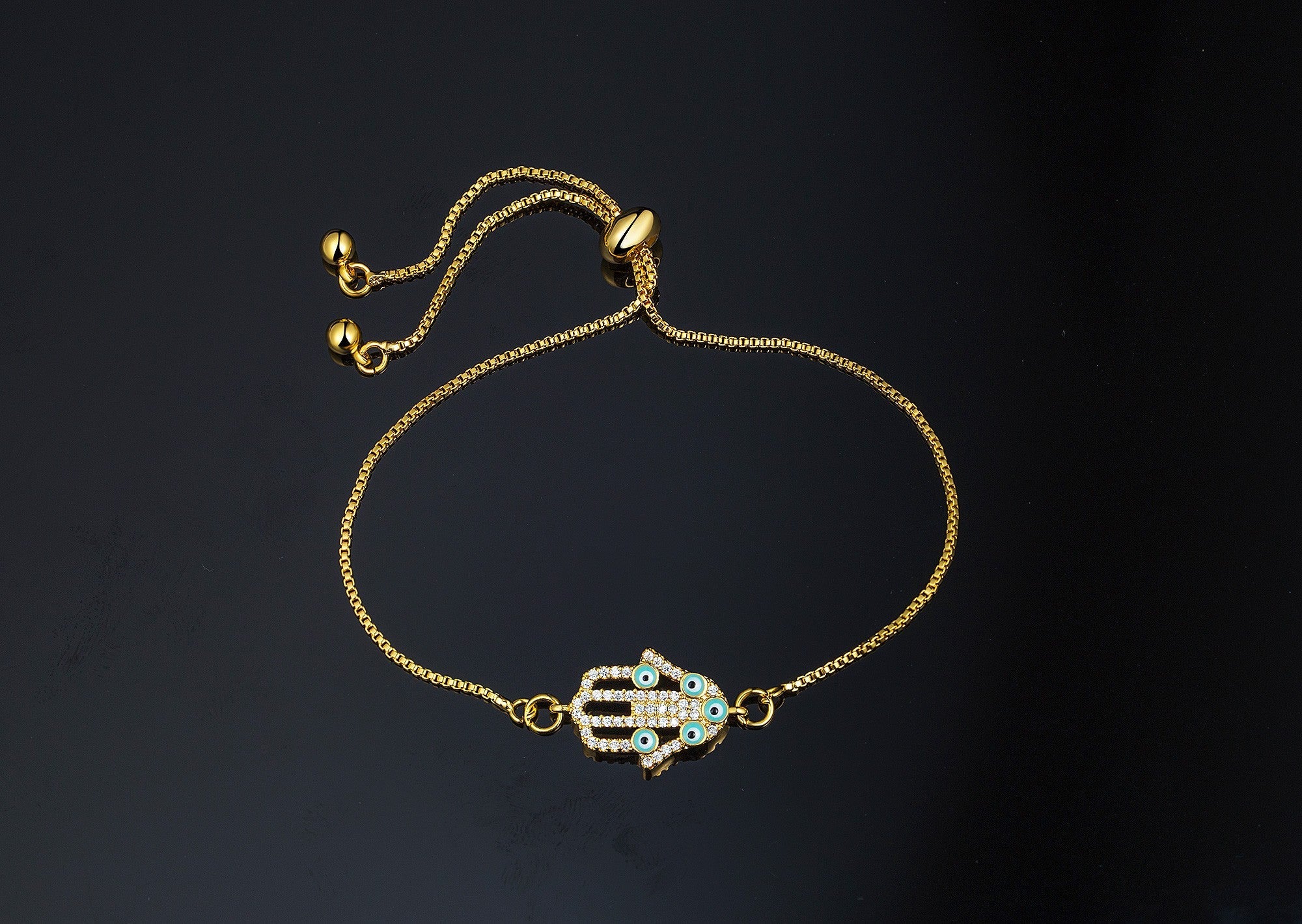 title:SteelTime Women's Brass And Evil Eye Simulated Diamond Hamsa Drawstring Bracelet;color:Gold