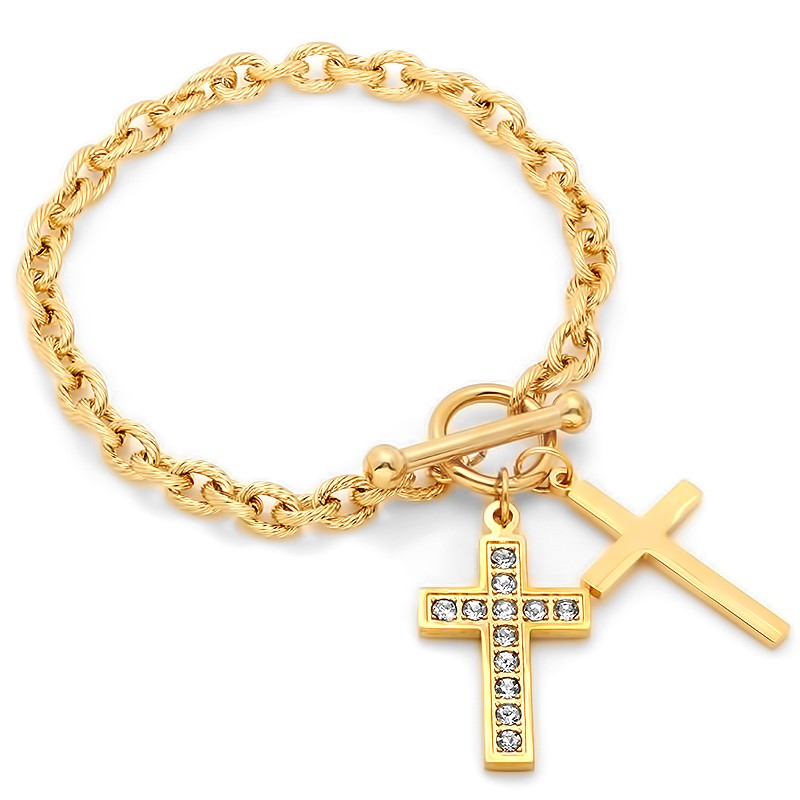 title:SteelTime Women's Cross Bracelet With Simulated Diamonds;color:Gold