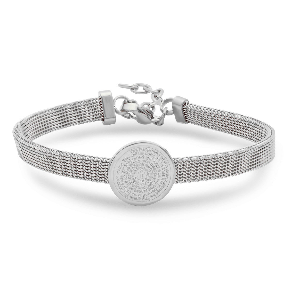 title:SteelTime Women's Stainless Steel Solitaire Charm Our Father Prayer Mesh Bracelet;color:Silver