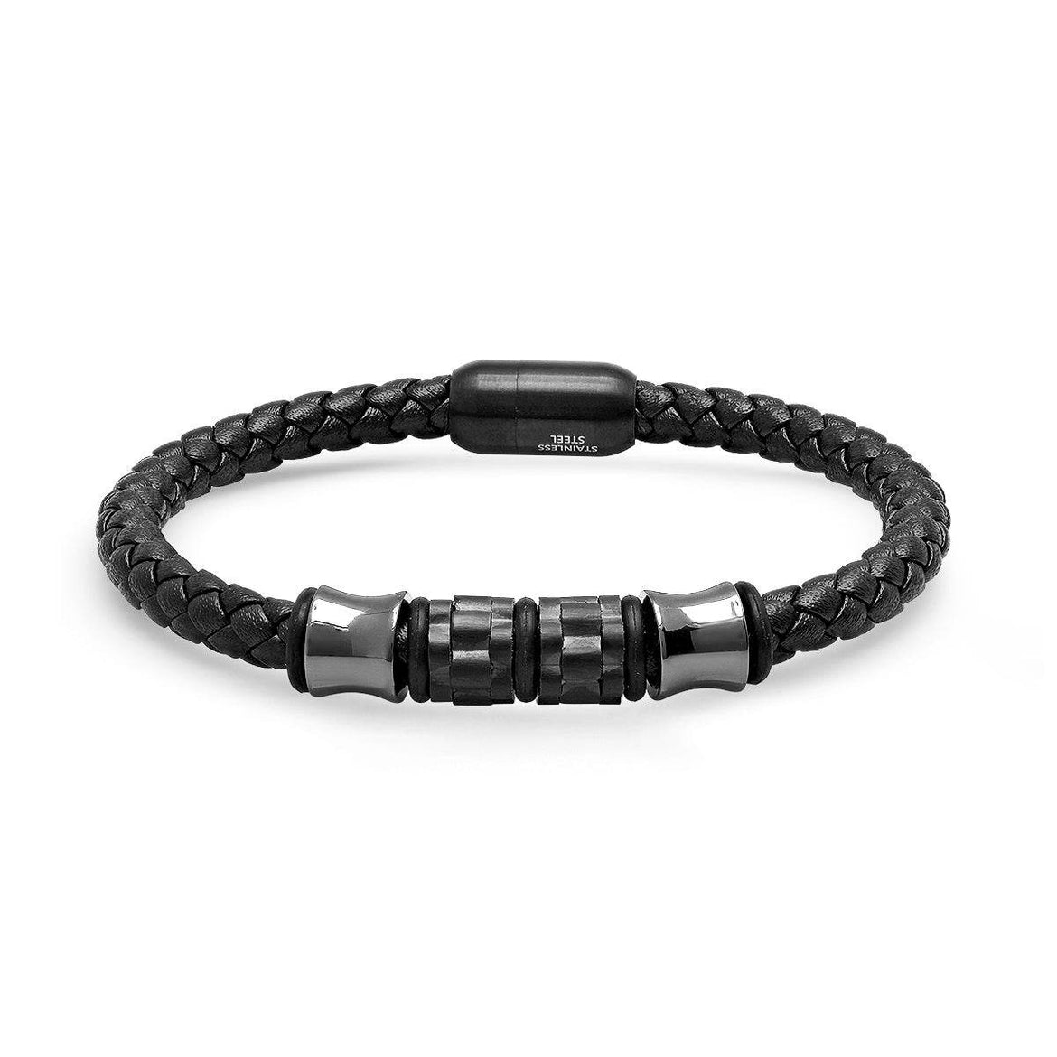 Steeltime Men's Braided Leather Bracelet - Stainless Steel Clasp, 8 Inch, No Gemstone
