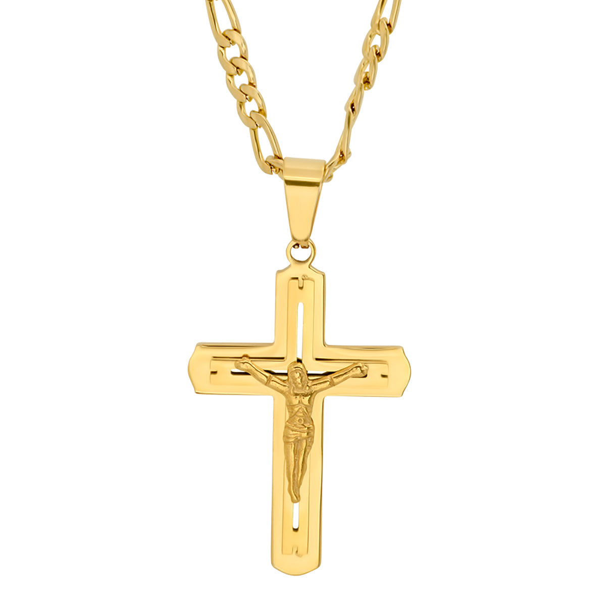 Crucifix Pendant on Figaro Chain – Steel Time