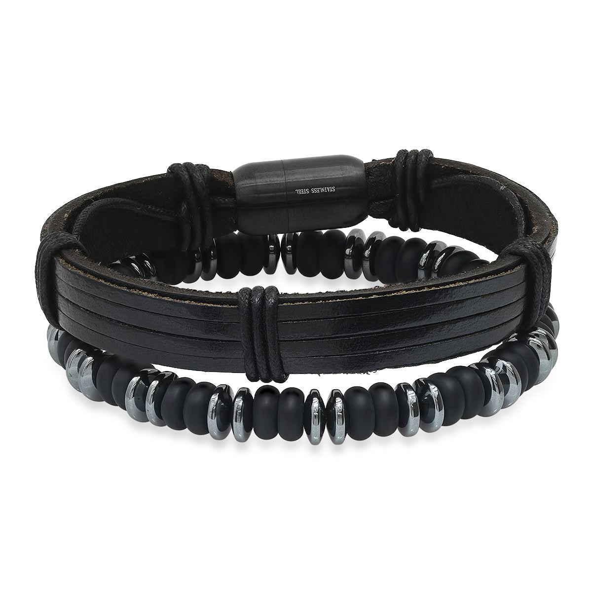 Leather, Hematite, + Lava Beaded Bracelet Stack – Steel Time